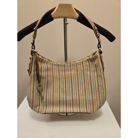 Fossil Canvas & Leather Trim Striped Woven Multicolor Hobo Handbag - Picture 1 of 10